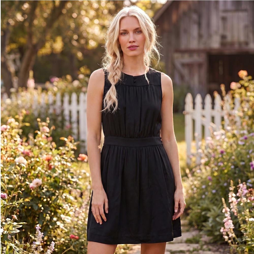 Theory Pleated Silk Sleeveless Summer Dress‎ Womens 4 Black Minimalist Chic
